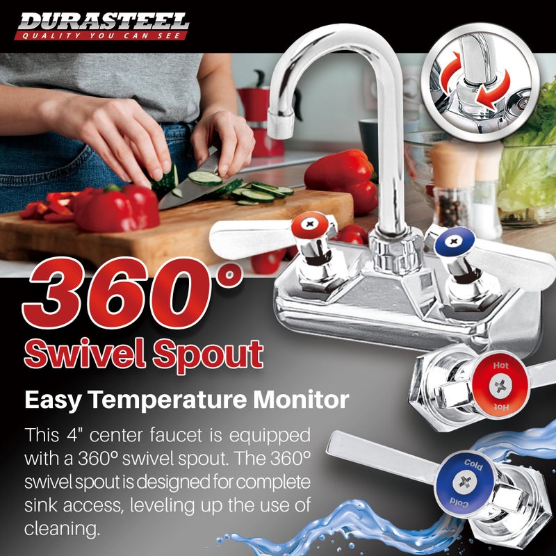 DuraSteel Commercial Hand Sink Faucet - Wall Mount Sink Faucet 4 Inch Center for Kitchen Small Sinks - 3-1/2 Gooseneck Spout Lever Handle - 2 Hole Wet Bar Faucets Laundry Tub Restaurant Utility Room - Image 4